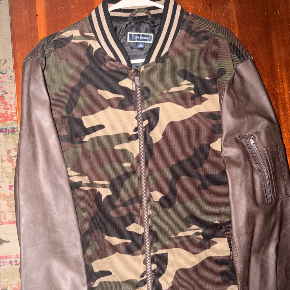 Club Room Camouflage Bomber Jacket with Brown Sleeves